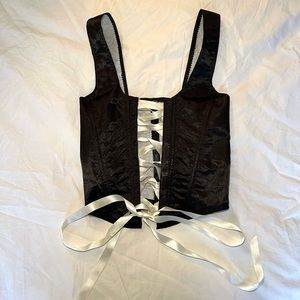 handmade corset bustier top in black satin with white satin ribbon